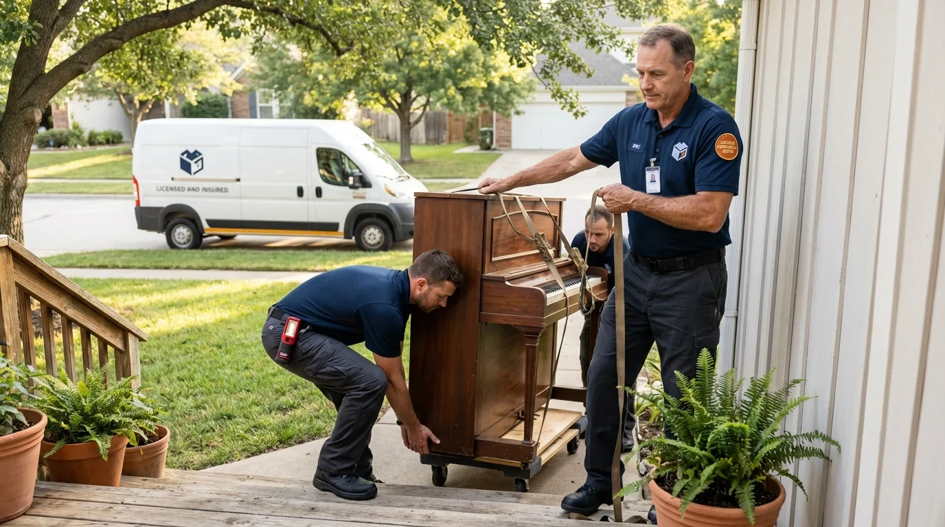 Licensed piano movers securing grand piano in Metairie, LA