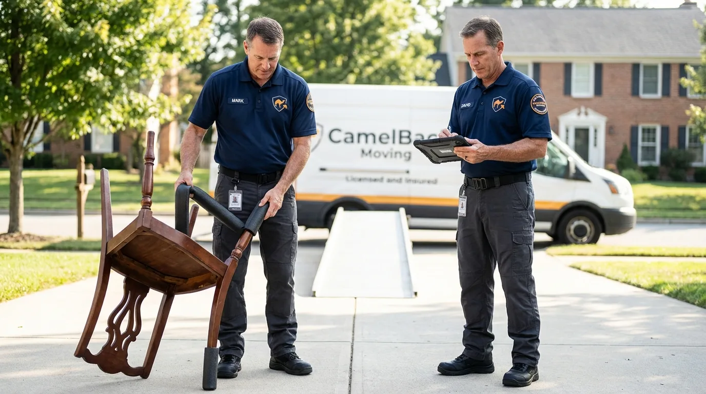 Movers inspecting furniture for damage prevention before loading in Metairie, LA