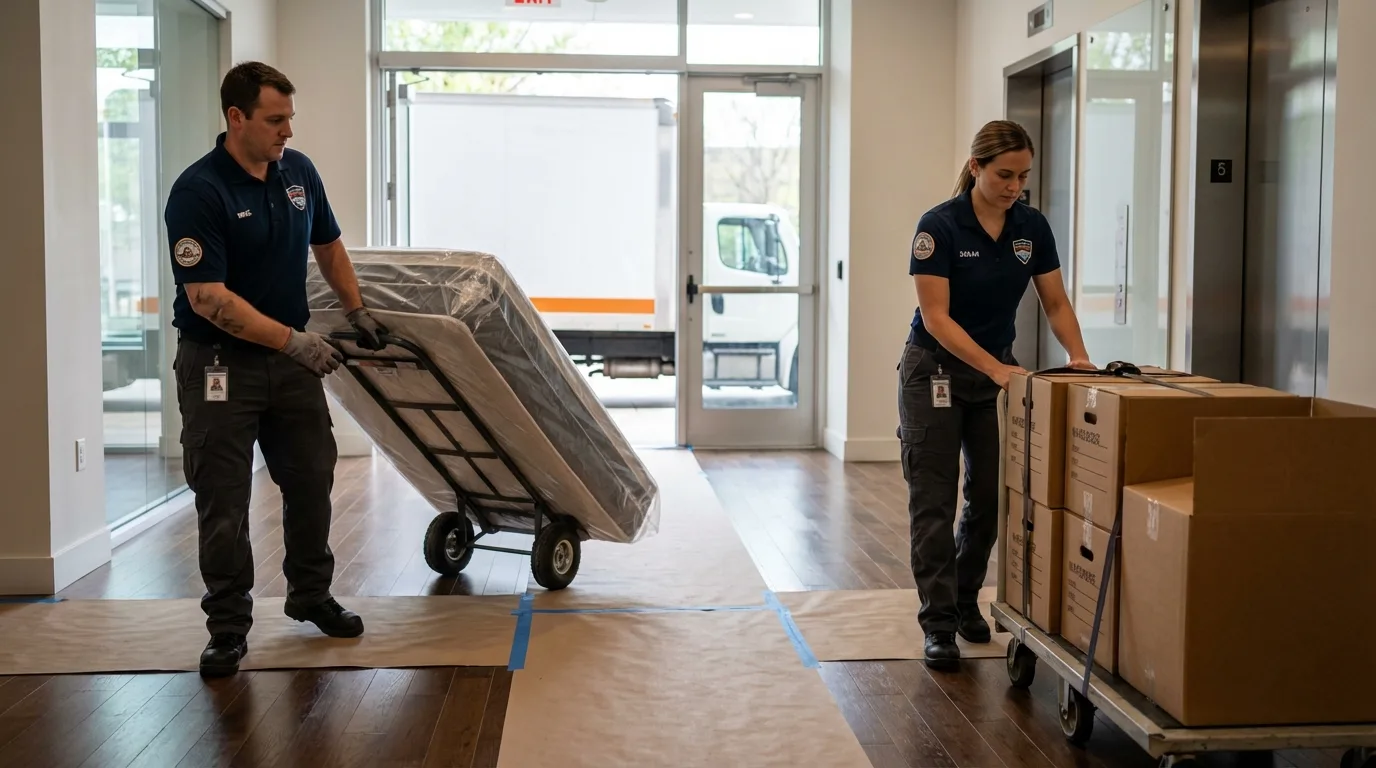 Professional apartment movers loading elevator in Metairie, LA