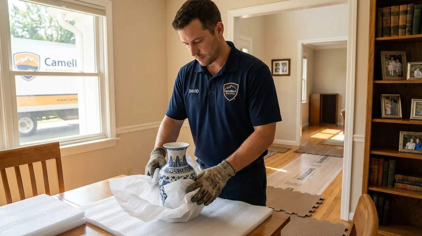 Professional crew carefully wrapping antique vase for senior downsizing move in Metairie, LA